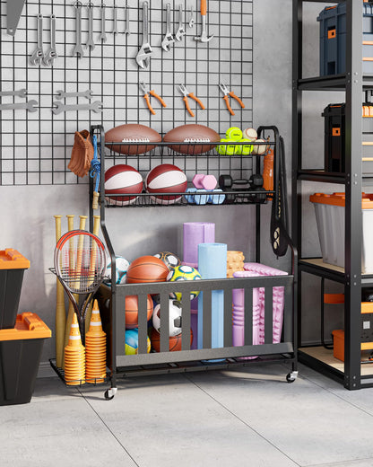 Kitsure Sports Equipment Organizer - Multi-Use Ball Storage for Toys & Sports Gear and Accessories, with Hooks and Bat Holder, Wheel-Equipped Rack for Garage, Outdoor, 40.0" x 16.7" x 45.6", Black