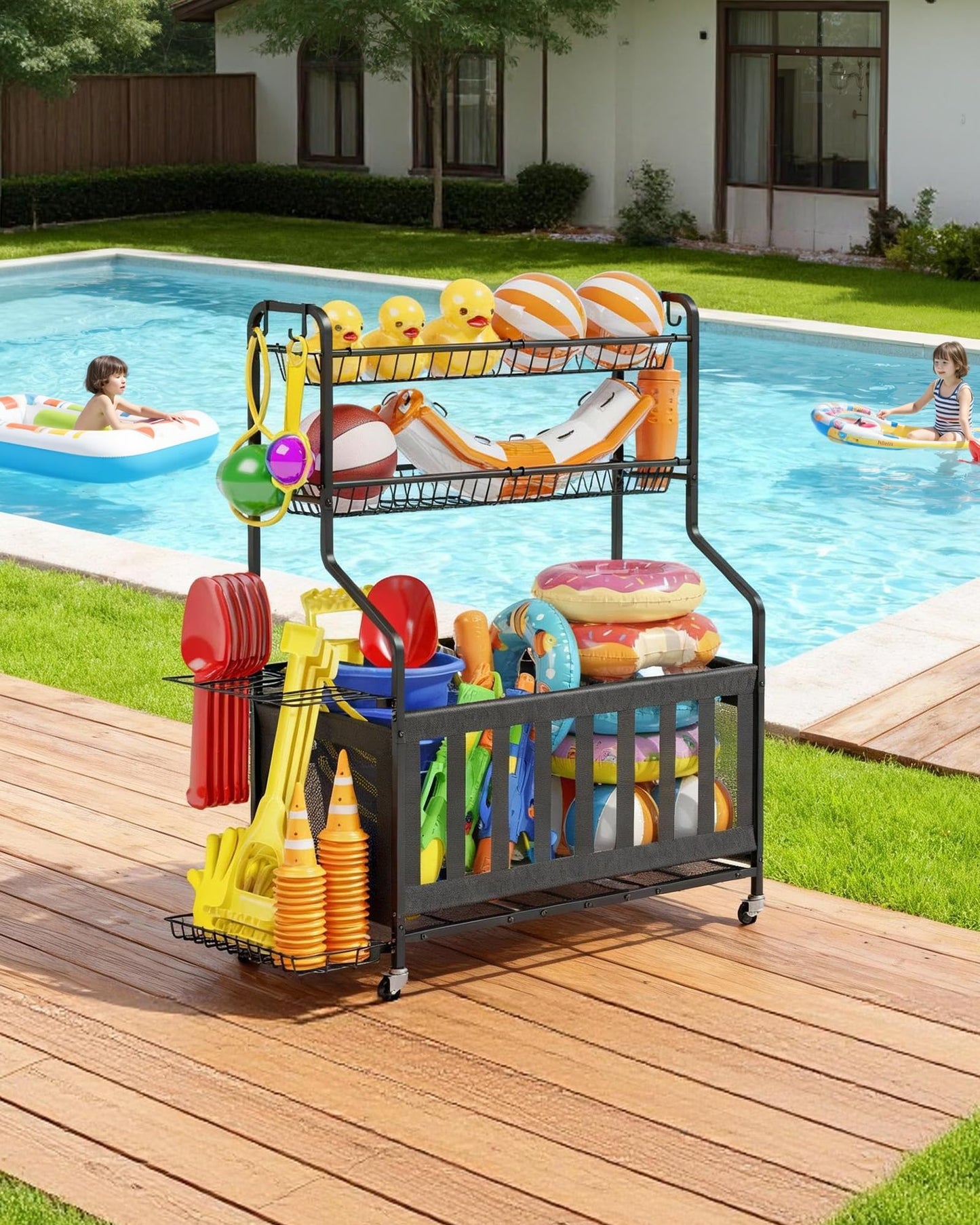 Kitsure Sports Equipment Organizer - Multi-Use Ball Storage for Toys & Sports Gear and Accessories, with Hooks and Bat Holder, Wheel-Equipped Rack for Garage, Outdoor, 40.0" x 16.7" x 45.6", Black