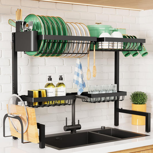 Kitsure Over The Sink Dish Drying Rack - 30.0" to 33.9" x 21.5", Adjustable Sink Drying Rack for Kitchen Sink with Multifunctional Baskets, Black