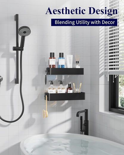 Kitsure Shower Caddy - 2 Pack Adhesive Shower Organizer, Rustproof Metal Shelves, No-Drill Bathroom Organizers and Storage, Black, Large