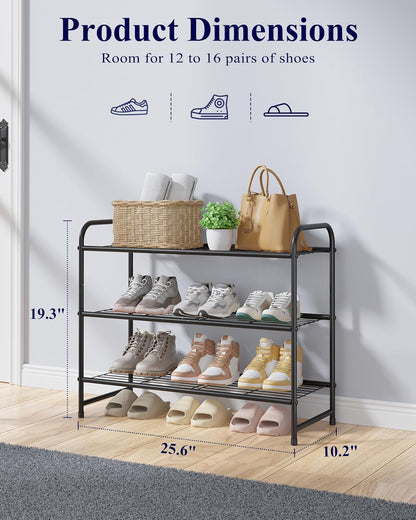 Kitsure Shoe Rack - Stainless Steel Shoe Organizer, Sturdy Shoe Rack for Closet and Front Door Entrance, Free Standing Shoe Shelf, Closet Organizers and Storage, 25.6" Wide - 3 Tier, Black