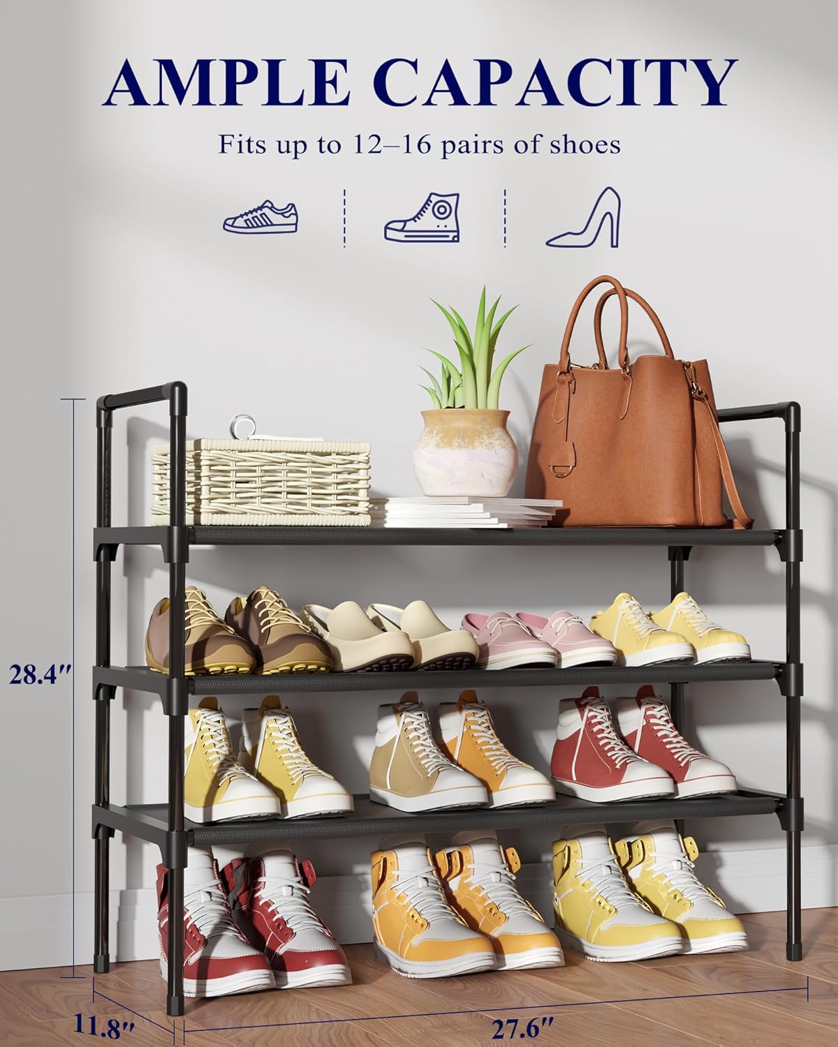 Kitsure Shoe Rack - 3-Tier Shoe Organizer, Shoe Rack for Closet, Entryway, Bedroom, Easy- Assembly Storage Shelf with Side Handles, 27.6" Wide - 3 Tiers, Black