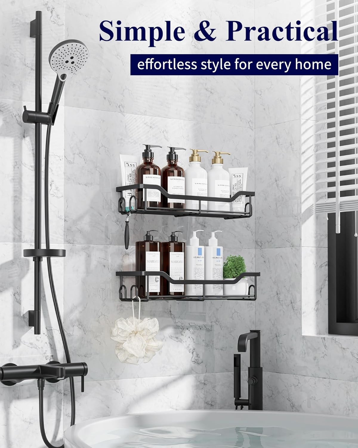 Kitsure Shower Caddy Large - Adhesive Shower Organizer, Stainless Steel Shelf for Inside Shower, No Drill Bathroom Organizers and Storage, Home Decor Accessories, 2 Pack, Black