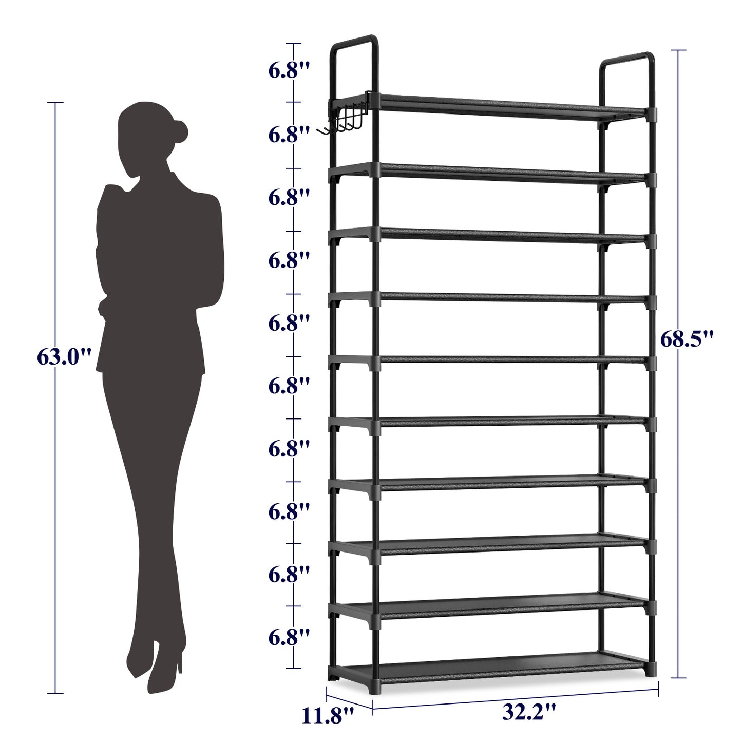 Kitsure Shoe Rack for Closet - 10-Tier Shoe Organizer with Hook Rack, Large-Capacity & Space-Saving Shoe Shelf for Entryway, Bedroom, Living Room,32.2"x11.8"x68.5", Black