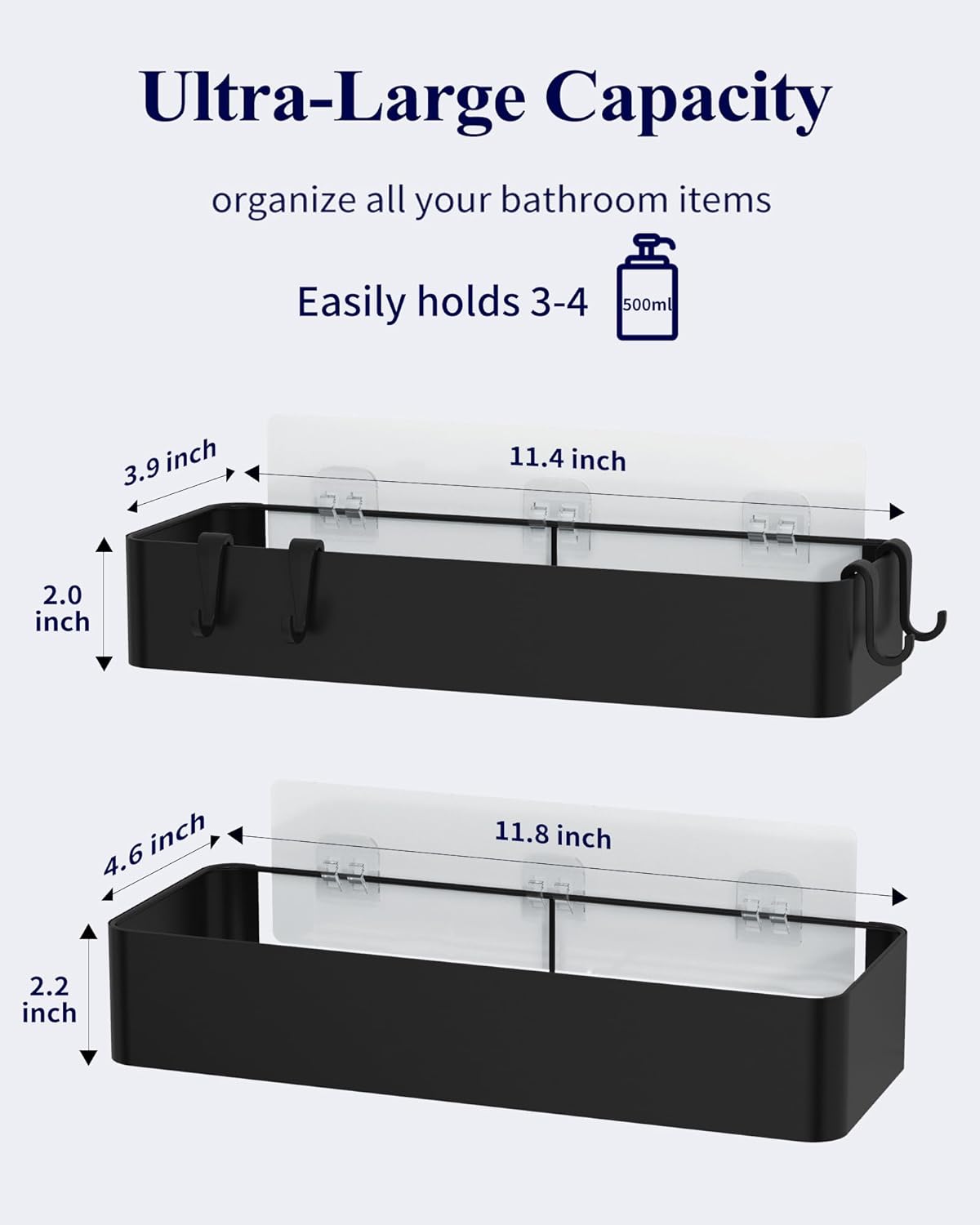 Kitsure Shower Caddy - 2 Pack Adhesive Shower Organizer, Rustproof Metal Shelves, No-Drill Bathroom Organizers and Storage, Black, Large