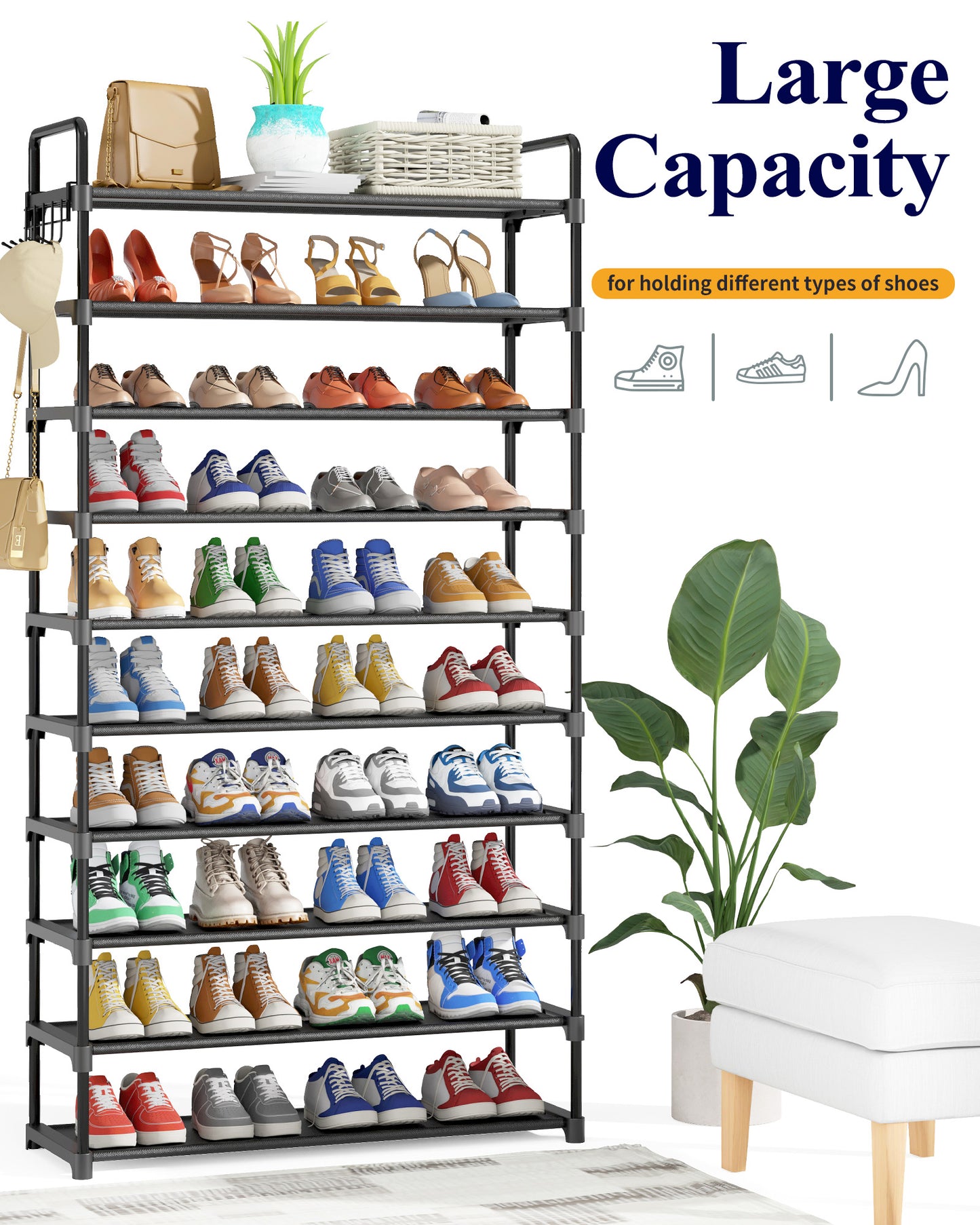 Kitsure Shoe Rack for Closet - 10-Tier Shoe Organizer with Hook Rack, Large-Capacity & Space-Saving Shoe Shelf for Entryway, Bedroom, Living Room,32.2"x11.8"x68.5", Black