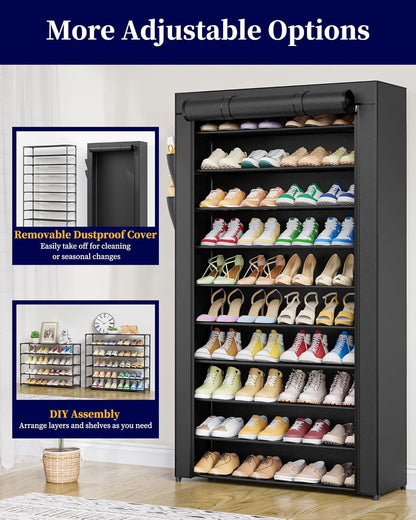 Kitsure Shoe Rack - 10-Tier Shoe Organizer with Zippered Dust Cover & Side Pockets, Easy to Assemble, Space Saving Shoe Rack for Closet, Entryway, Living Room, 33" x 12.4" x 69.3", Black