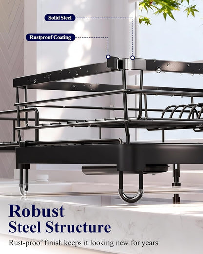 Kitsure Extendable Dish Drying Rack - Rust-Resistant Dish Racks for Kitchen Counter with Adjustable Support Legs, Cutlery Holder & Removable Draining Tray (Black, 15.6''-25.2''L × 16.9''W × 8.1''H)