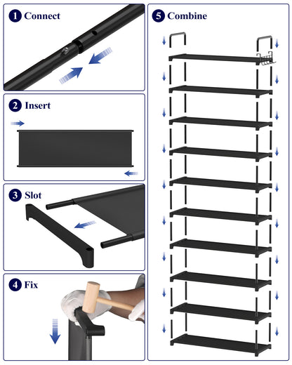 Kitsure Shoe Rack for Closet - 10-Tier Shoe Organizer with Hook Rack, Large-Capacity & Space-Saving Shoe Shelf for Entryway, Bedroom, Living Room,32.2"x11.8"x68.5", Black