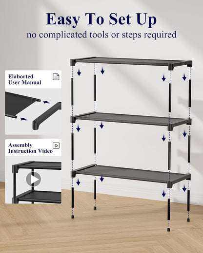 Kitsure Shoe Rack - Non-Woven Shoe Rack Shelf, Shoe Organizer for Closet, Entryway, Garage & Corridor, Stackable Shoe Shelves, 27.5" Wide - 3 Tier, Black