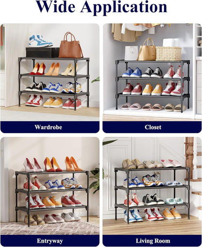Kitsure Shoe Rack - Non-Woven Shoe Rack Shelf, Shoe Organizer for Closet, Entryway, Garage & Corridor, Stackable Shoe Shelves, 27.5" Wide - 3 Tier, Black