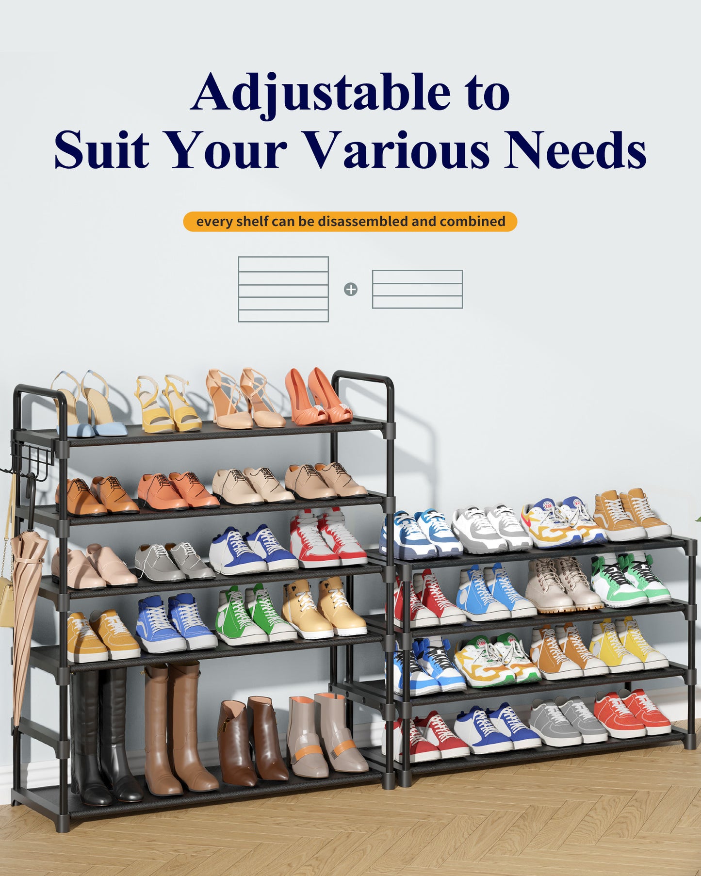 Kitsure Shoe Rack for Closet - 10-Tier Shoe Organizer with Hook Rack, Large-Capacity & Space-Saving Shoe Shelf for Entryway, Bedroom, Living Room,32.2"x11.8"x68.5", Black