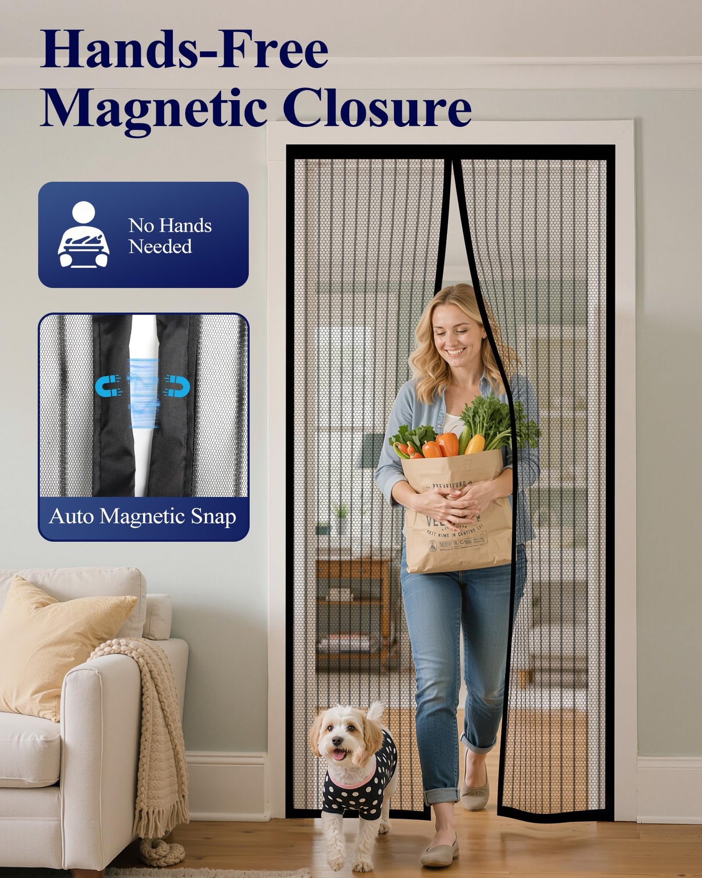 Kitsure Magnetic Screen Door - 38.0 x 82.0 in Retractable Screen Door Mesh for Front Door or Sliding Door, Pet & Kid Friendly, Hands-Free Closure Keeps Bugs Out & Lets Breeze in, Stripe Black