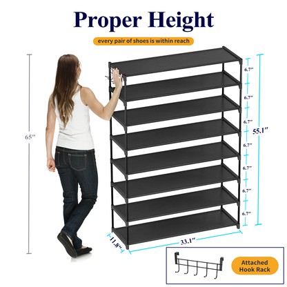 Kitsure 9-Tier Tall Shoe Rack for Closet - Shoe Organizer with Hook Rack, Large-Capacity of 36-45 Pairs, Metal Space-Saving Shoe Shelf for Entryway, Closet, Garage, Bedroom, Cloakroom，Black（4002）