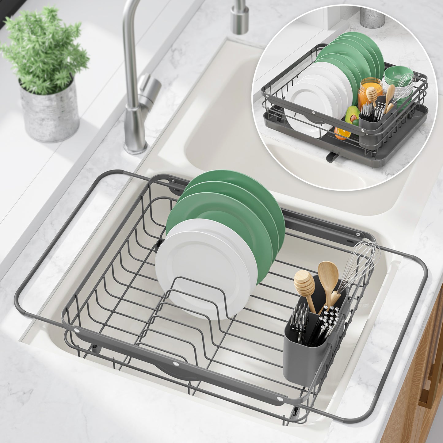 Kitsure Dish Drying Rack in Sink - Dual-Use Dish Rack for Countertops & Sinks, Stainless Steel Dish Rack for Kitchen Counter, Over The Sink Kitchen Drying Rack with a Draindboard(4003)