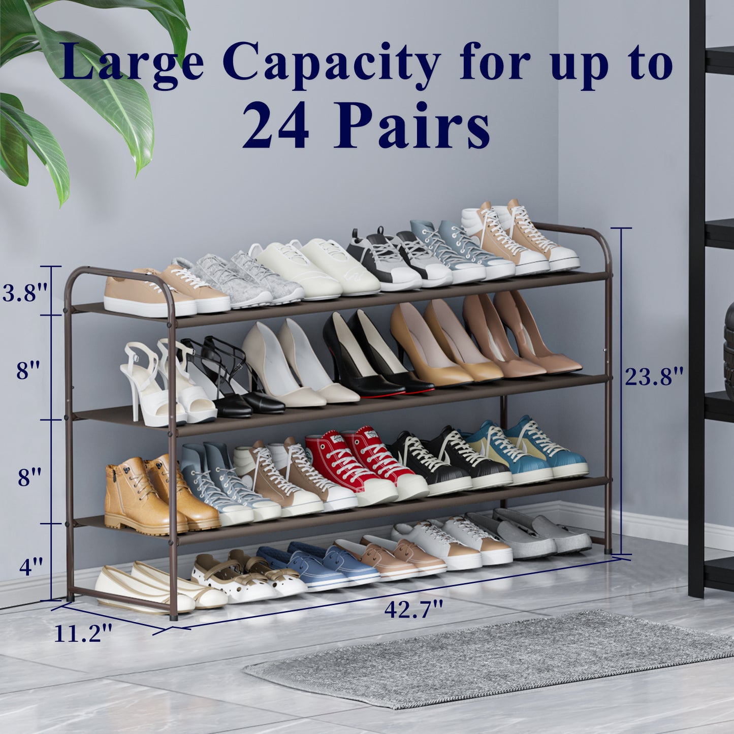 Kitsure Shoe Rack for Entryway - Sturdy & Durable Long Stackable Shoe Organizer for Closet, 3-Tier Space-Saving Metal Shoe Shelf for up to 24 Pairs, for Garage & Corridor（4032）