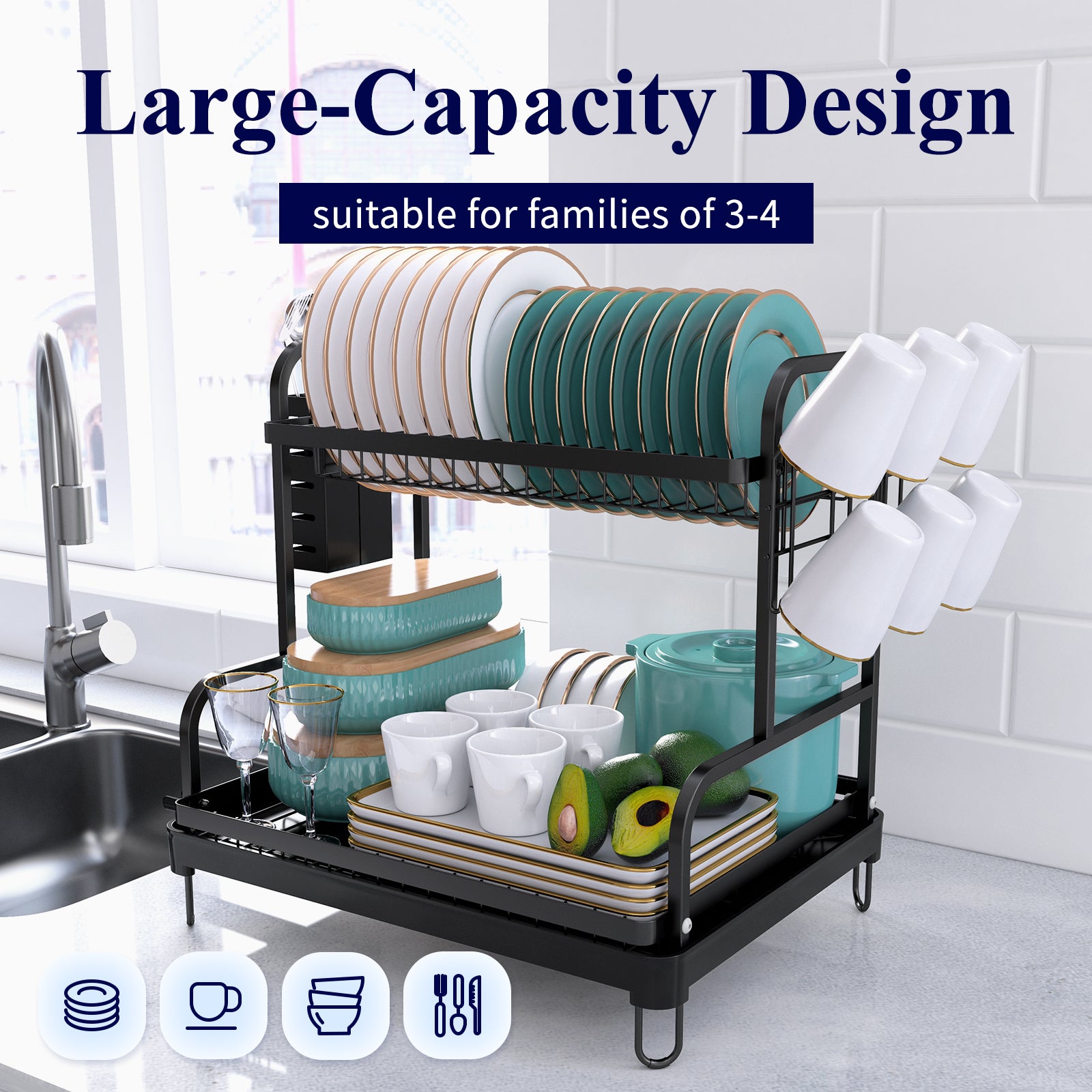 Dish Rack,3 Tier Dish Drying Drainer Rack,Ideal for Kitchen