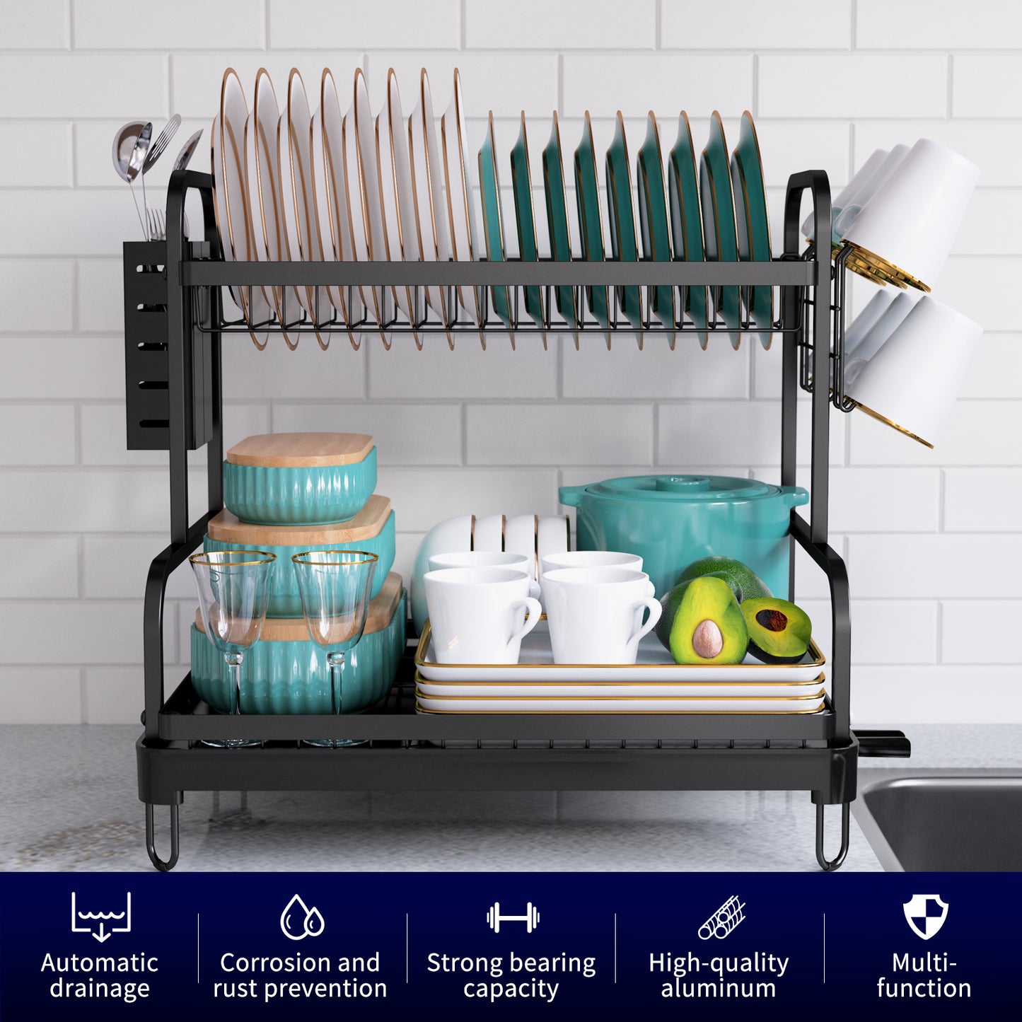 Kitsure Dish Drying Rack - Multipurpose 2-Tier Dish Rack, Dish Drainers for Kitchen Counter, Large-Capacity Dish Dryer, Kitchen Drying Rack for Dishes w/Cutlery Holder 4064BL（4064）