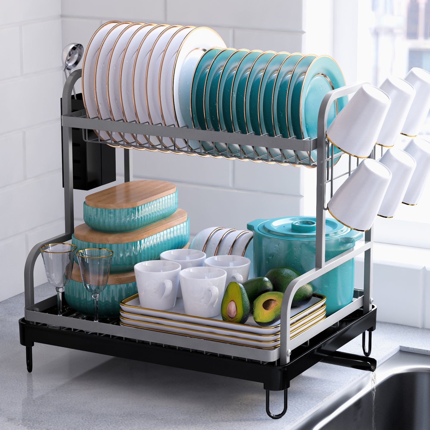 Kitsure Dish Drying Rack - Multipurpose 2-Tier Dish Rack, Dish Drainers for Kitchen Counter, Large-Capacity Dish Dryer, Kitchen Drying Rack for Dishes w/Cutlery Holder 4064BL（4064）