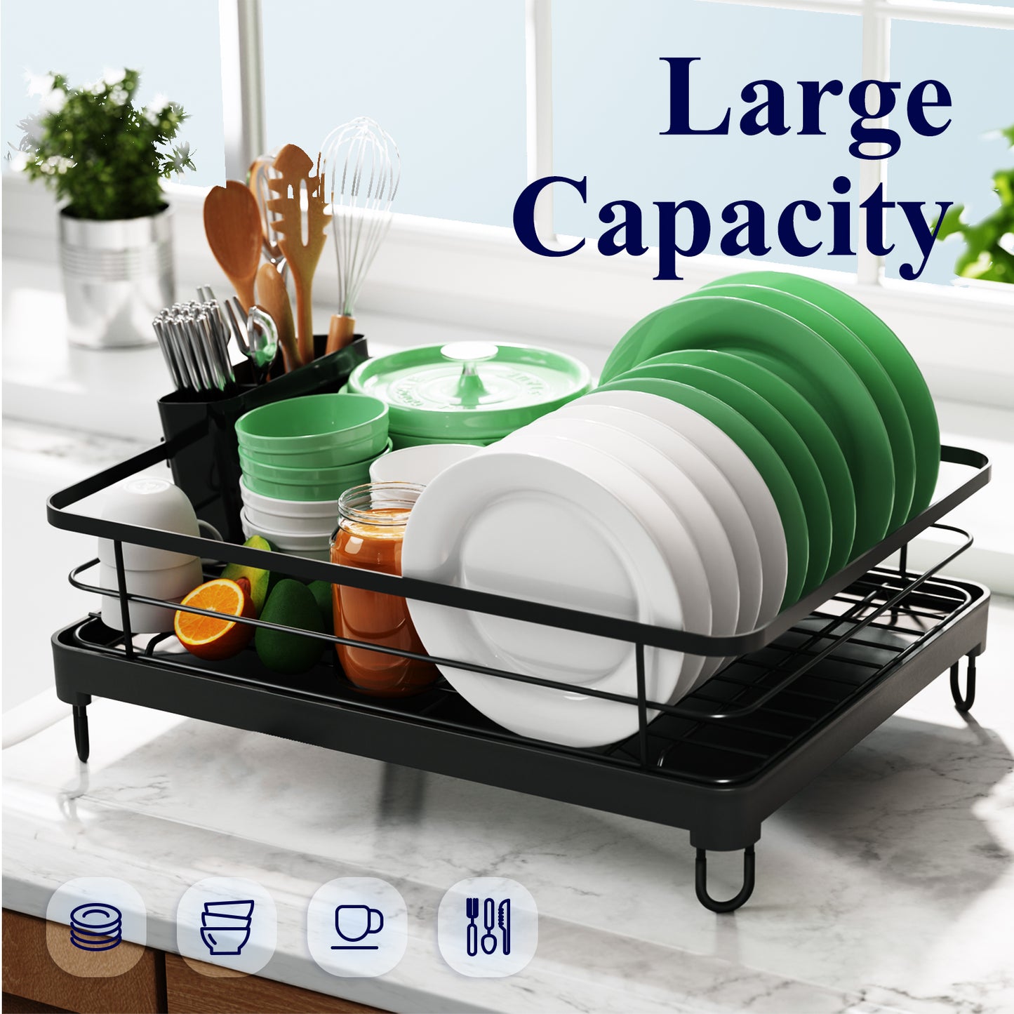  Kitsure Dish Drying Rack- Space-Saving, for Kitchen Counter,  Durable Stainless Steel Rack with a Cutlery Holder, for Dishes, Knives,  Spoons, and Forks