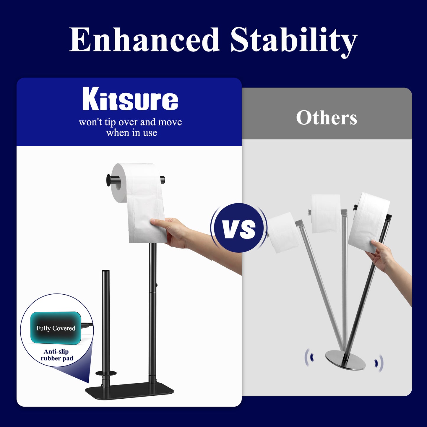 Kitsure Toilet Paper Holder Free Standing - Large Capacity Toilet Paper Holder for 4 Rolls, Rustproof Toilet Paper Stand with Non-Slip Stable Base, Black, 24.4"x9.3"x5.5"