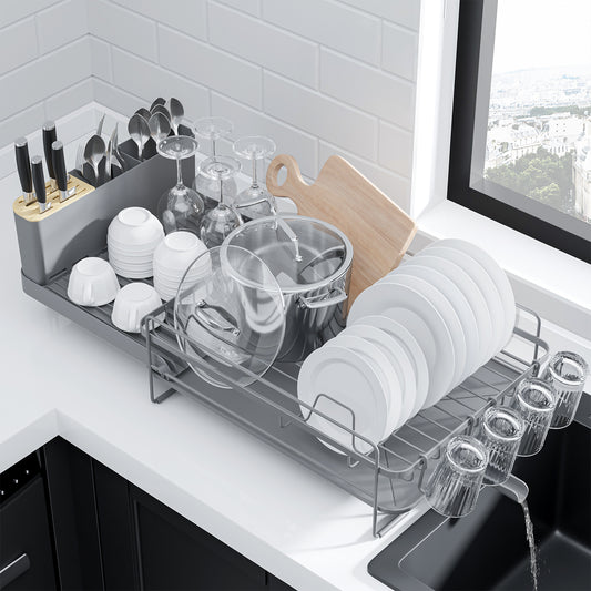Kitsure Large Dish Drying Rack - Extendable Dish Rack, Multifunctional Dish Rack for Kitchen Counter, Anti-Rust Dish Drainers with Cutlery & Cup Holders 19.2"-26.7" L x 12.9" W, Grey