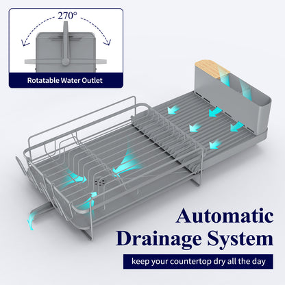 Kitsure Large Dish Drying Rack - Extendable Dish Rack, Multifunctional Dish Rack for Kitchen Counter, Anti-Rust Dish Drainers with Cutlery & Cup Holders 19.2"-26.7" L x 12.9" W, Grey
