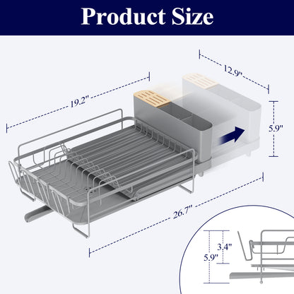 Kitsure Large Dish Drying Rack - Extendable Dish Rack, Multifunctional Dish Rack for Kitchen Counter, Anti-Rust Dish Drainers with Cutlery & Cup Holders 19.2"-26.7" L x 12.9" W, Grey