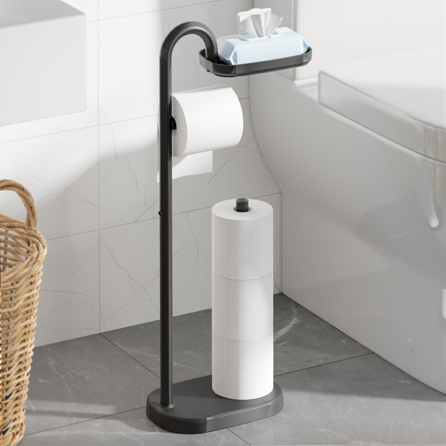 Free Standing Toilet Paper Holder with Storage Shelf and Extra Roll Holder  in Matte Black