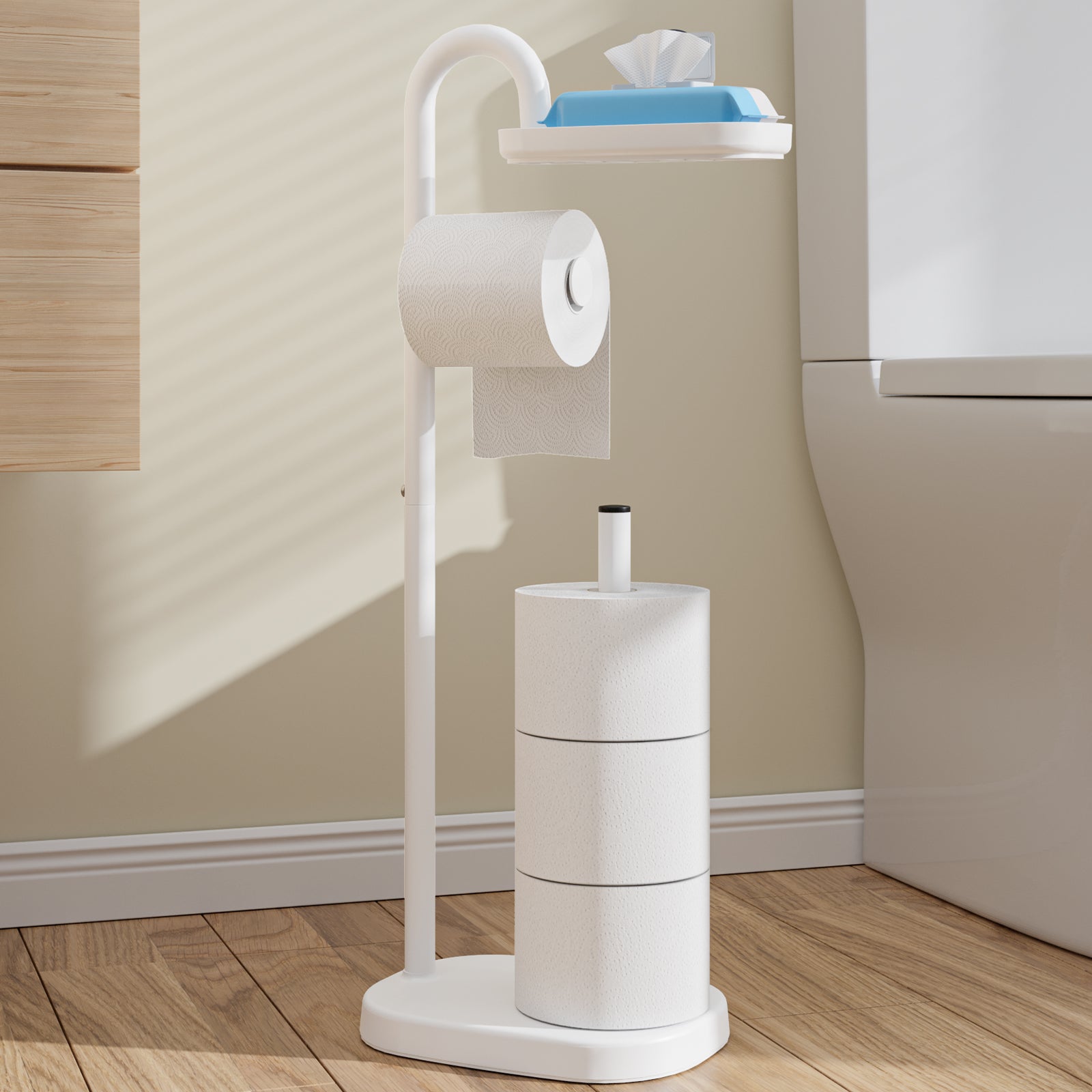 Freestanding Toilet Paper Holder with Lid, Wicker Toilet Roll Holder, Bathroom Storage Basket, Round, Natural, Size: 7 inch x 7 inch x 16.3 inch