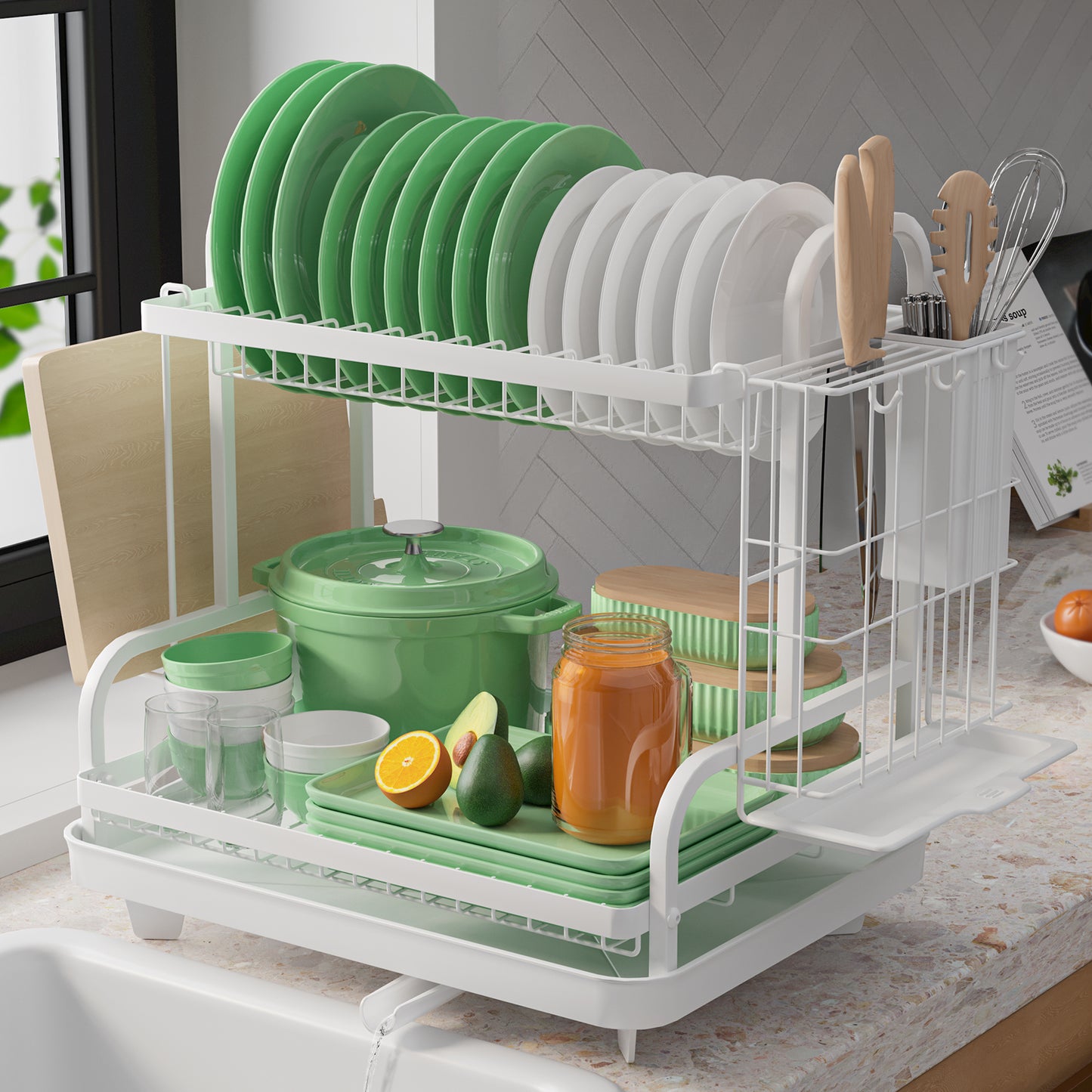 Kitsure Dish Drying Rack, Multifunctional Dish Rack, Rustproof Kitchen Dish Drying Rack with Drainboard, Space-Saving 2-Tier Dish Drying Rack for Kitchen Counter (464)