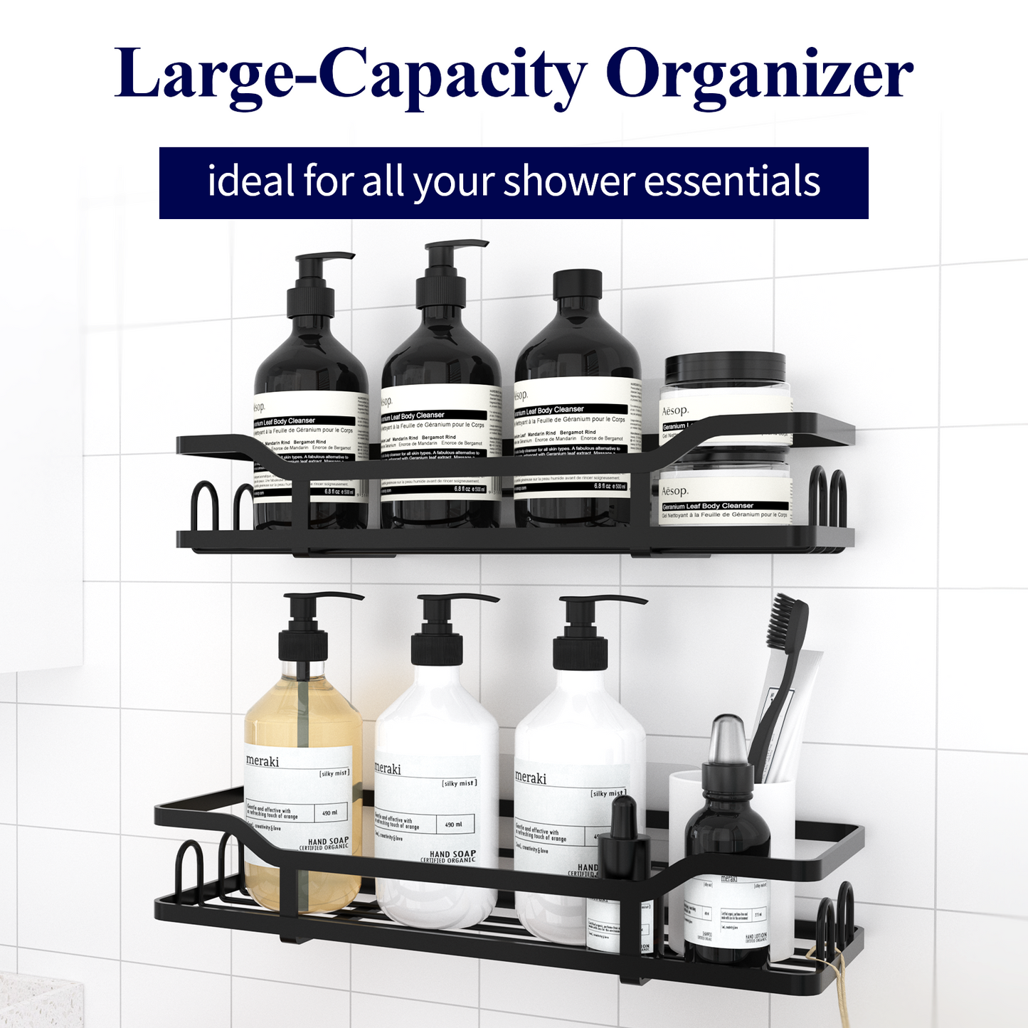 Kitsure Shower Caddy, Max Size - 12.6'' x 4.7'' x 2.4'' No Drilling Shower Organizer with 8 Hooks, Rustproof Stainless Steel Shower Shelf for Inside Shower, Shower Rack for Bathroom, Black - 2 Pack（467）