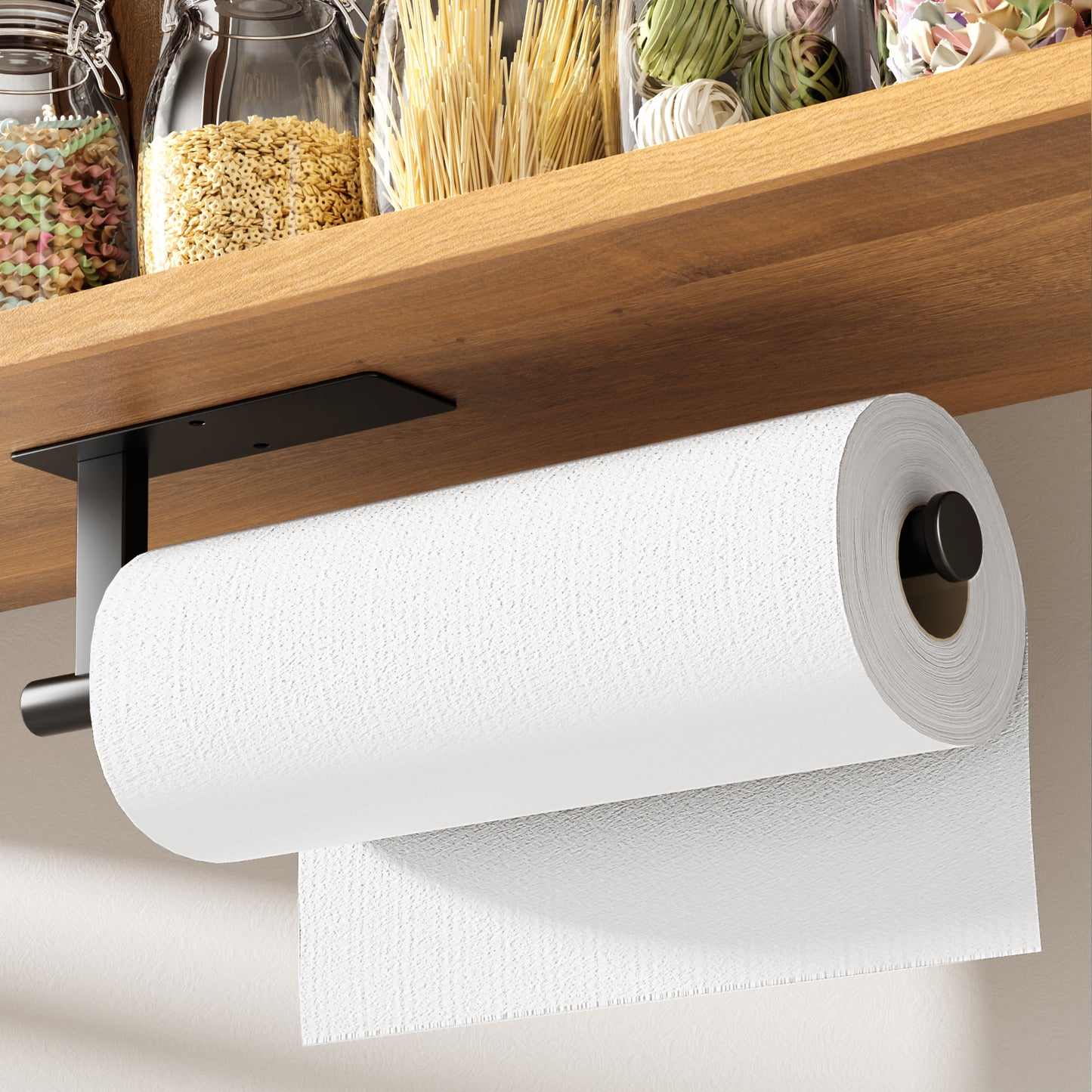 Kitsure Paper Towel Holder Under Cabinet - Sturdy 304 Stainless Steel Kitchen Paper Towel Holder Wall Mount, Drilling or Self Adhesive Paper Towel Holder for Kitchen, Bathroom, Black（489）