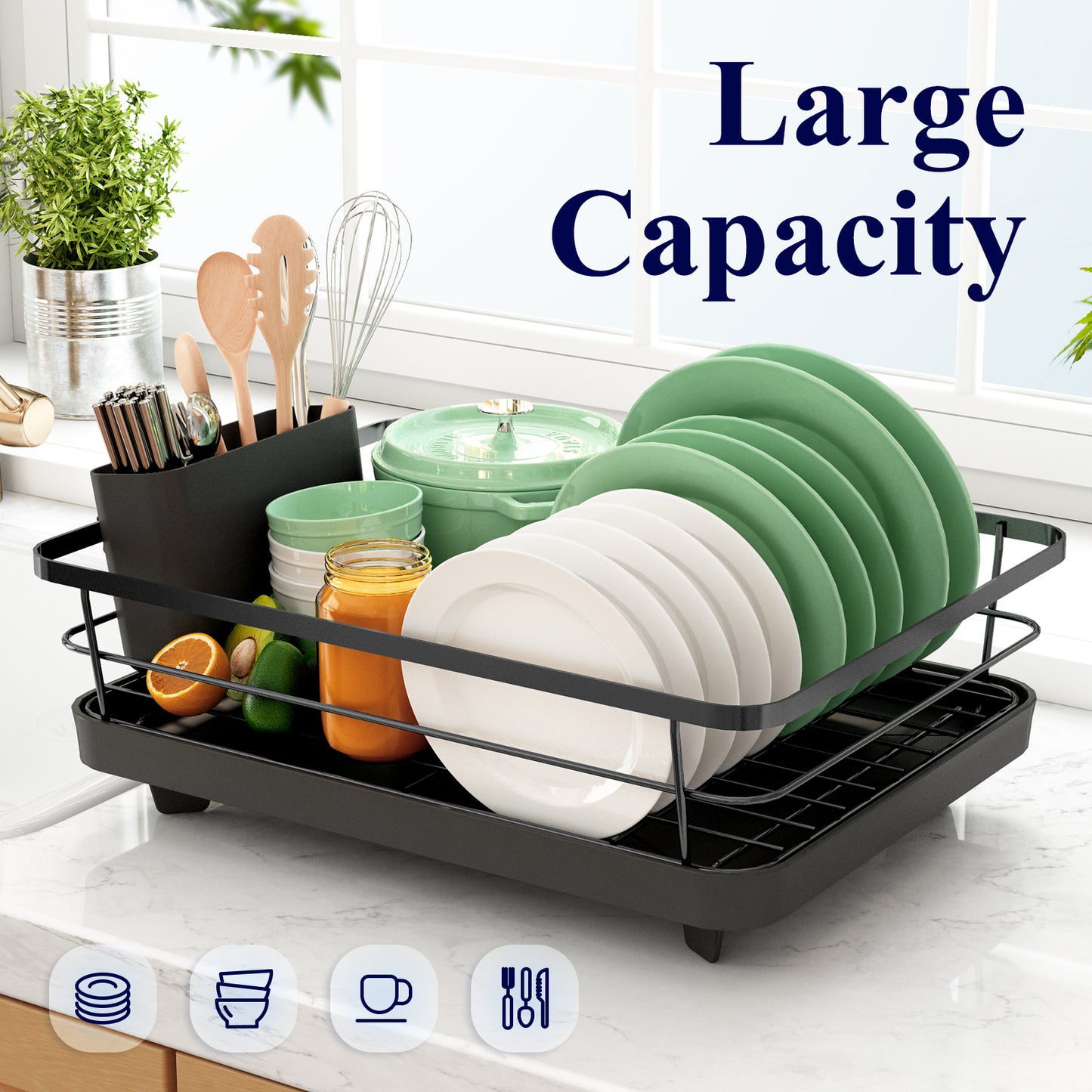 Kitsure Dish Drying Rack- Space-Saving Dish Rack, Dish Racks for Kitchen Counter, Durable Stainless Steel Kitchen Drying Rack with a Cutlery Holder, Black(494)
