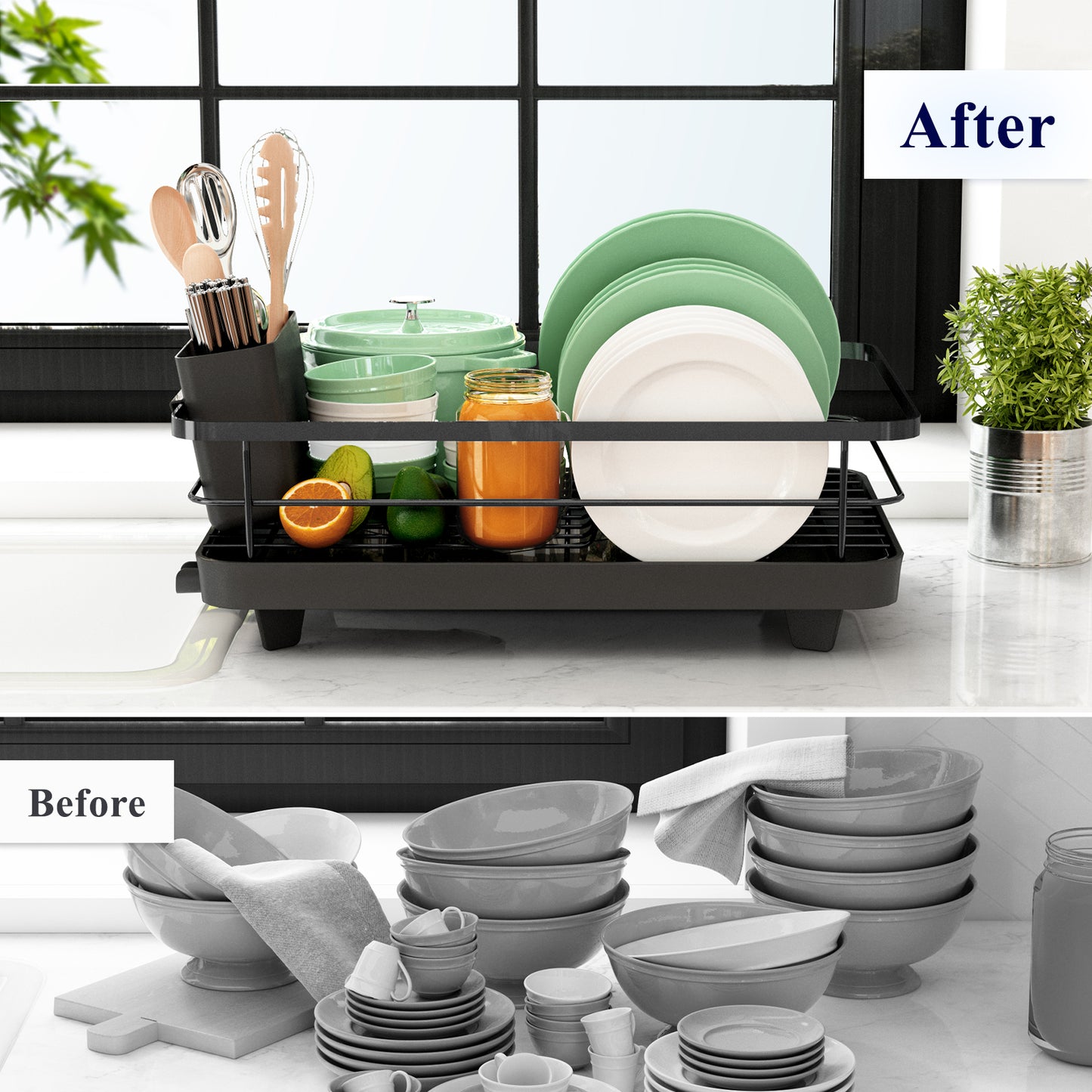 Kitsure Dish Drying Rack- Space-Saving Dish Rack, Dish Racks for Kitchen Counter, Durable Stainless Steel Kitchen Drying Rack with a Cutlery Holder, Black(494)
