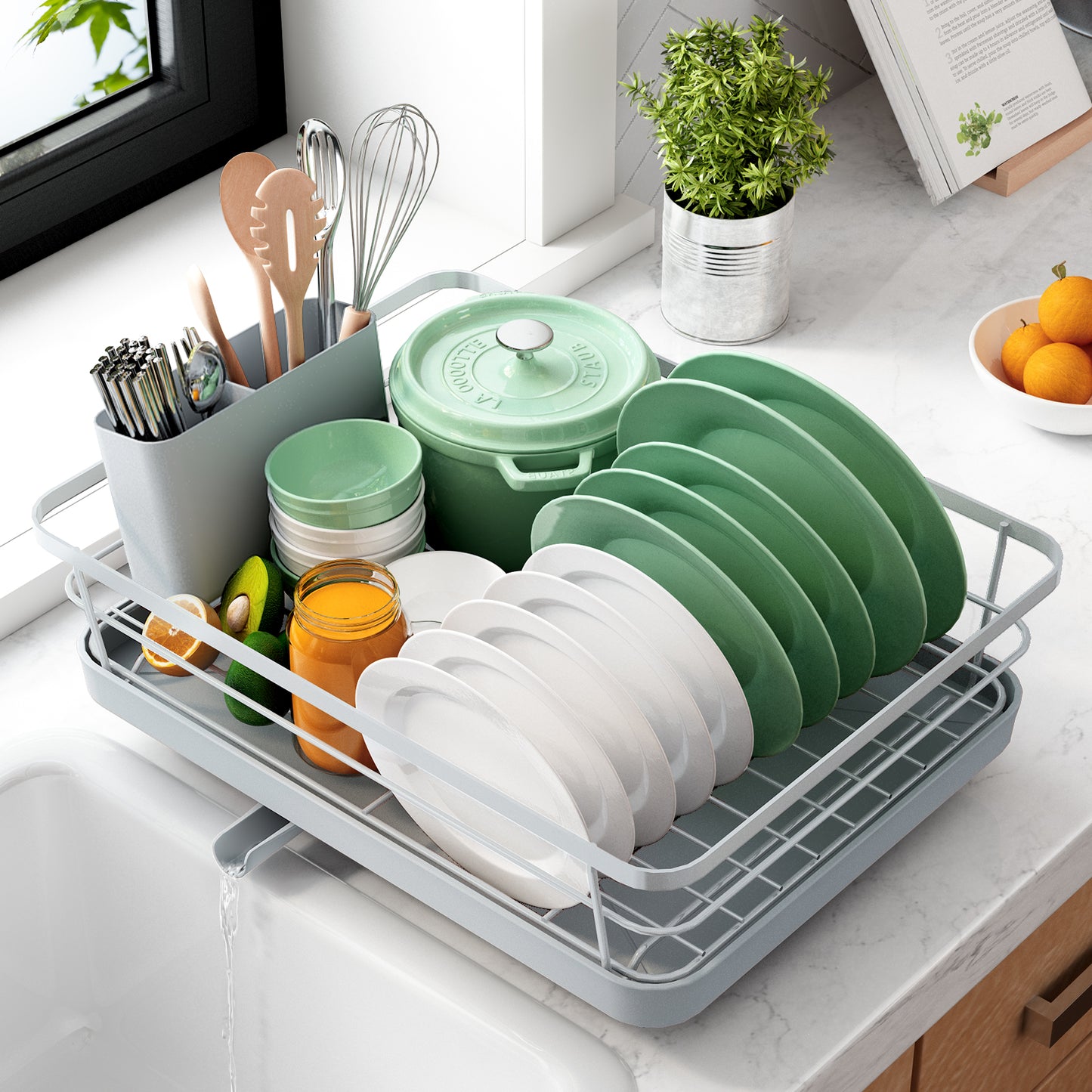 Dish Drying Rack Small Dish Drainer with Cutlery Cup Rack for Sink