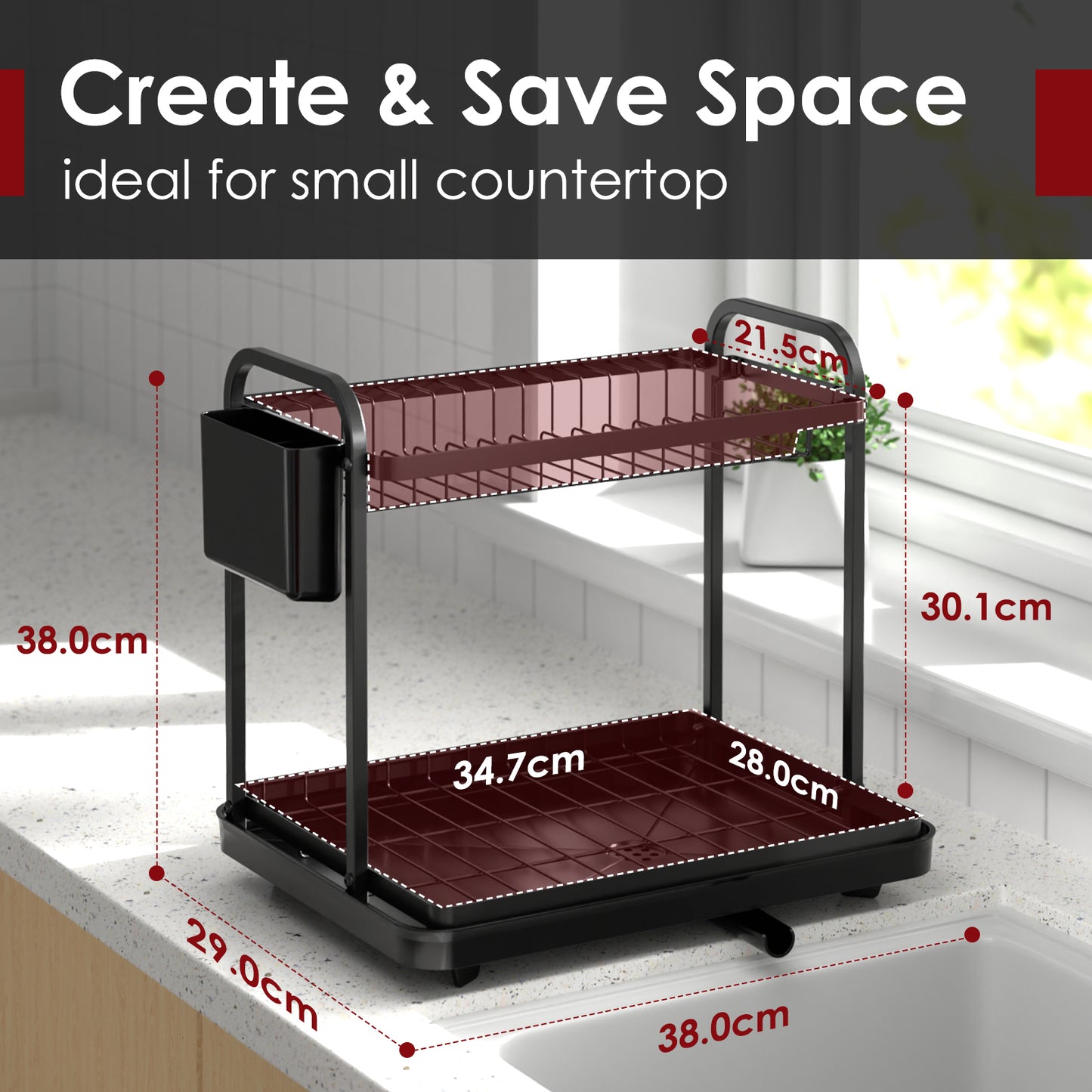 Stainless Steel Dish Rack for Kitchen Counter, 2-Tier Kitchen Organizers and Storage Rack11.4"D x 15"W x 15"H