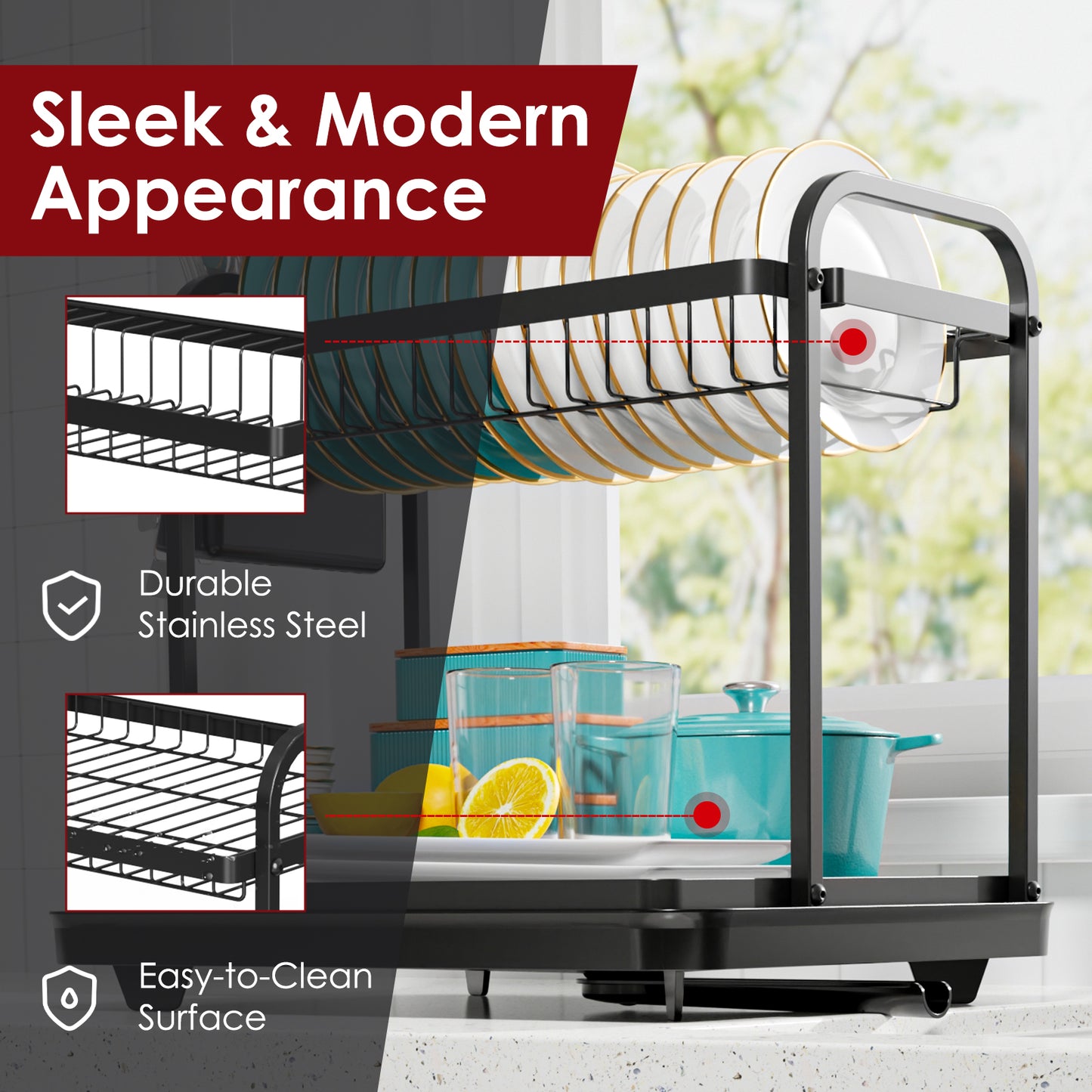 Stainless Steel Dish Rack for Kitchen Counter, 2-Tier Kitchen Organizers and Storage Rack11.4"D x 15"W x 15"H