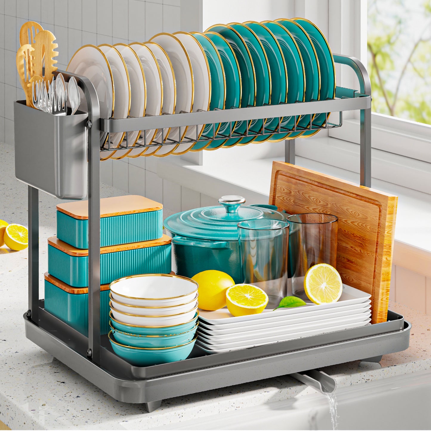 Stainless Steel Dish Rack for Kitchen Counter, 2-Tier Kitchen Organizers and Storage Rack11.4"D x 15"W x 15"H