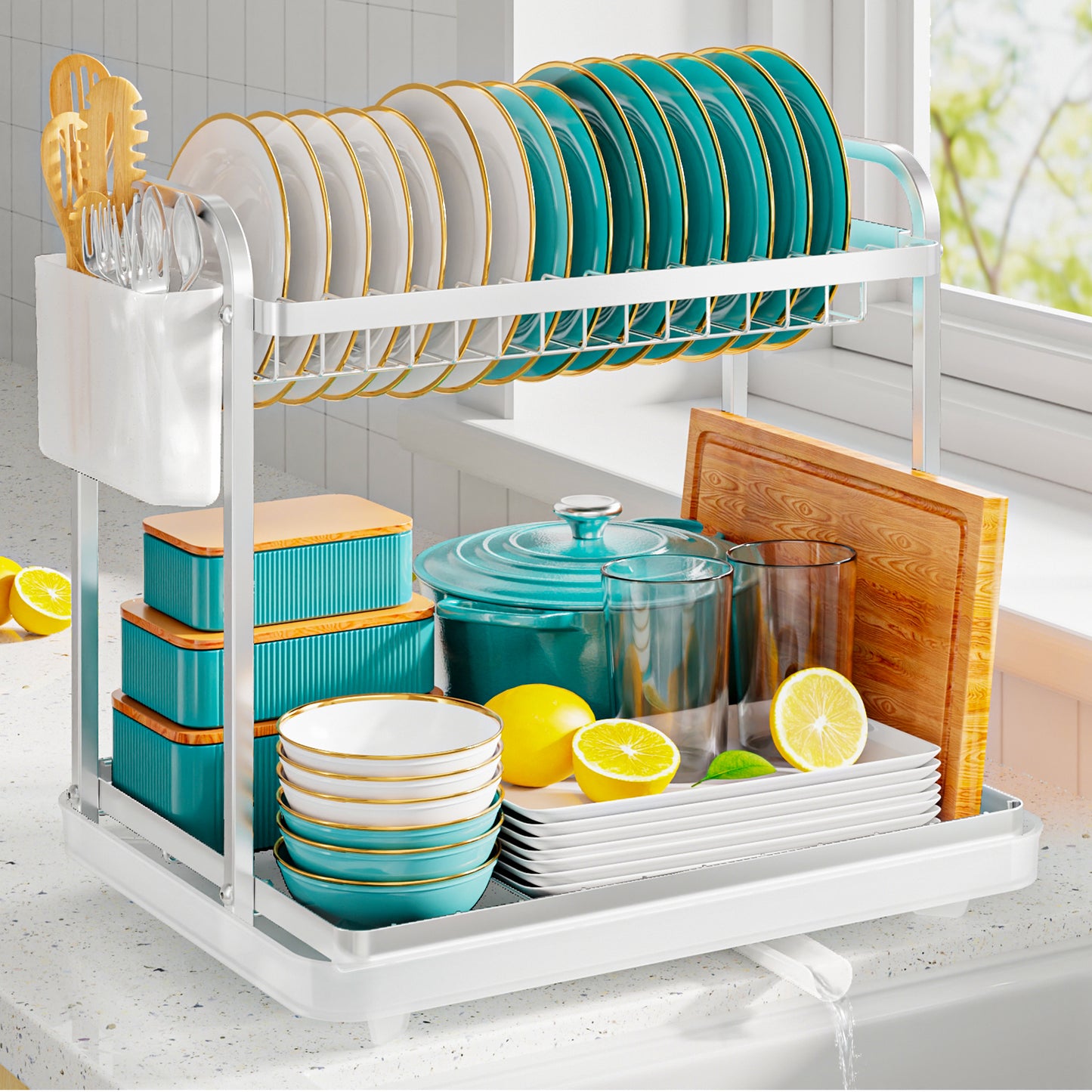 Stainless Steel Dish Rack for Kitchen Counter, 2-Tier Kitchen Organizers and Storage Rack11.4"D x 15"W x 15"H