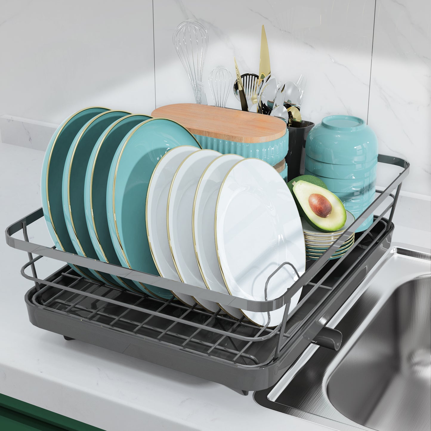 Dish Drying Rack - Stainless Steel Dish Rack with Drainboard for Kitchen Counter and Sink, Large, Silver15.8"D x 12"W x 5"H