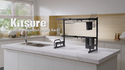 Kitsure Dish Drying Rack - Adjustable & Space-Saving Dish Rack (25.5-35.5in), Over-The-Sink Dish Drying Rack, Multifunctional Kitchen Dish Drying Rack, Stainless Steel Dish Drying Rack,Black(484)