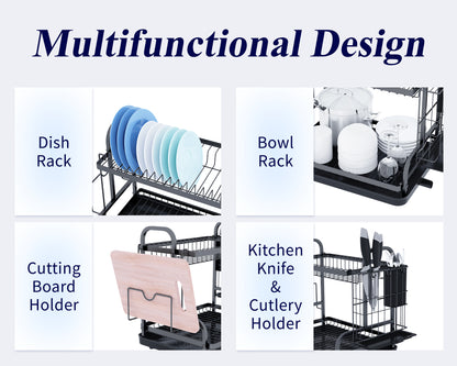 Kitsure Dish Drying Rack, Multifunctional Dish Rack, Rustproof Kitchen Dish Drying Rack with Drainboard, Space-Saving 2-Tier Dish Drying Rack for Kitchen Counter (464)